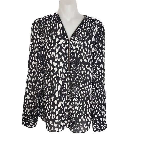 INC Womens Blouse Size 2 Black White Animal Print Long Sleeve 1/2 Zip Popover - Picture 1 of 9